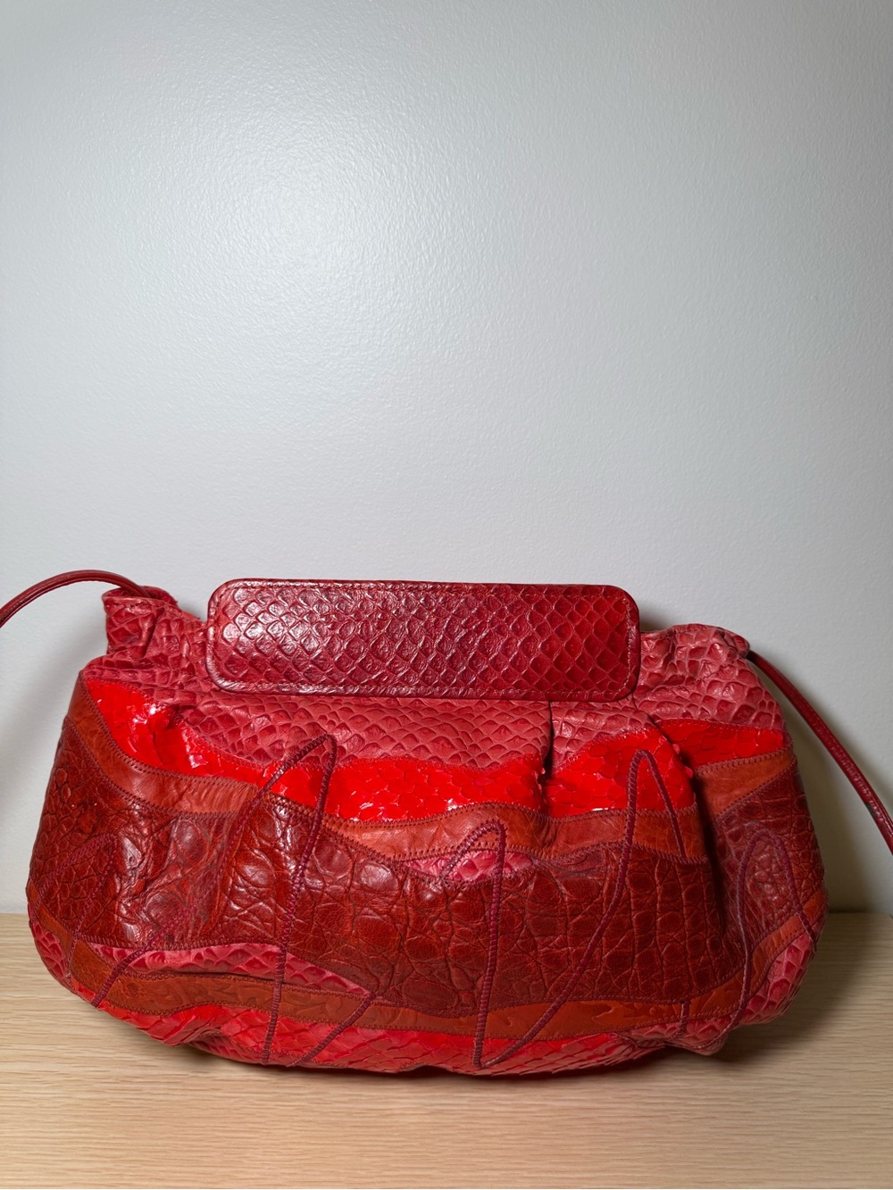 Vintage 1980s Carlos Falchi Red Snakeskin Patchwork Crossbody Bag